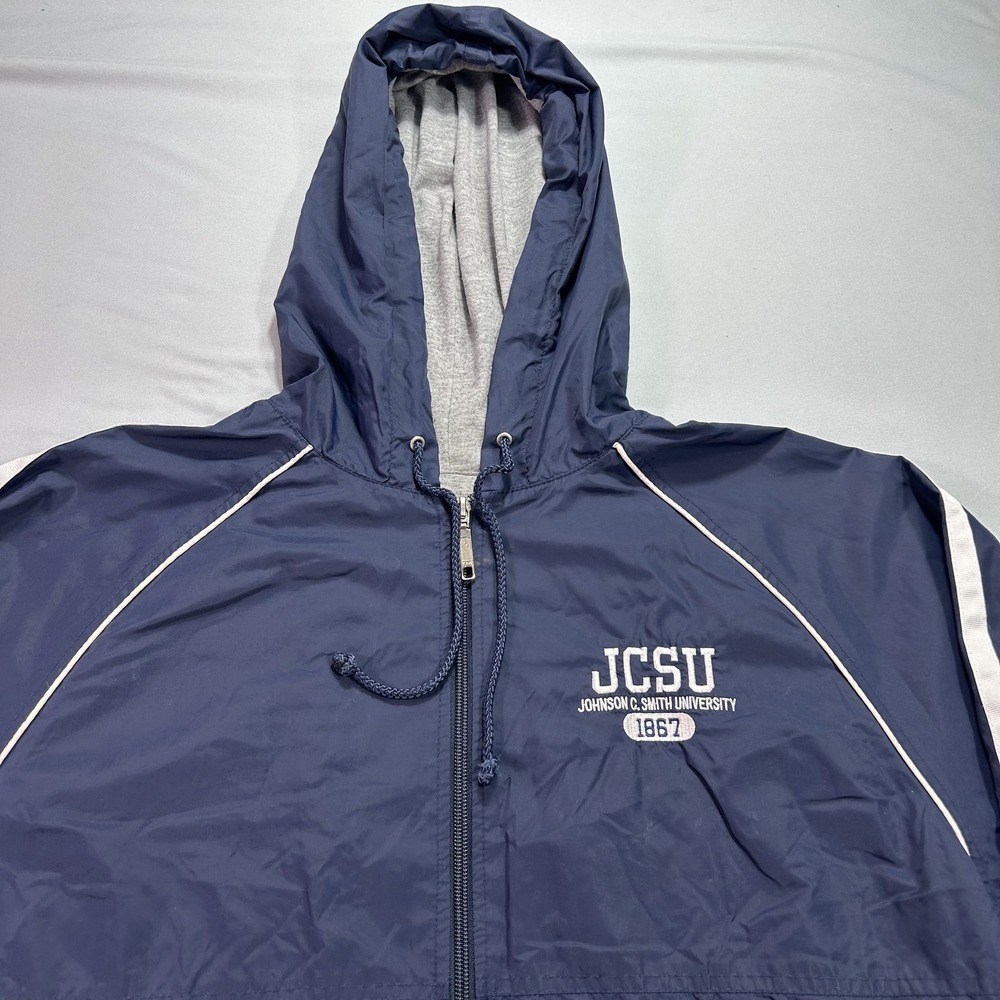 VINTAGE Johnson C Smith JCSU Jacket Mens Medium Blue Hooded Windbreaker - Picture 3 of 11